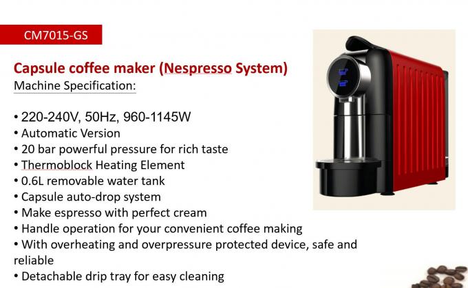 20 barowa maszyna na kapsułki Nespresso 0,6 l Wyjmowany zbiornik na wodę 1